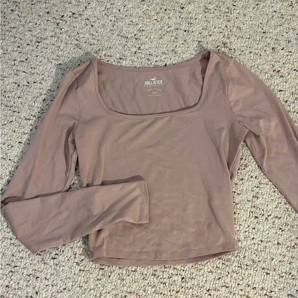 Hollister Pink/Tan Crop Long Sleeve Fitted Blouse